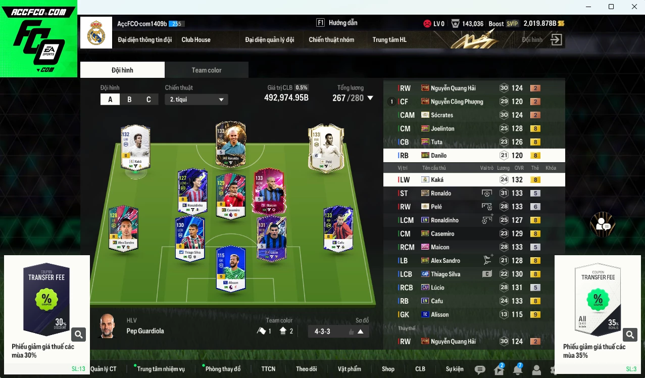 [ACC Rẻ🔥] Brazil 492.970b có Pelé ICON+6, Maicon 25HR, Ronaldinho LN, Casemiro BTB, Kaká RMA, Joelinton 23HW, Ronaldo WB, Thiago Silva CAP, Cafu LN, Lúcio CU... Còn nhiều CP GIẢM THUẾ, HLV Xịn